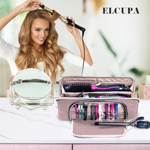 Vista 7 de Bolsa de Viaje Grande para Herramientas de Cabello con Alfombrilla Resistente al Calor - Organizador de Herramientas de Cabello 2 en 1 para Cepillo