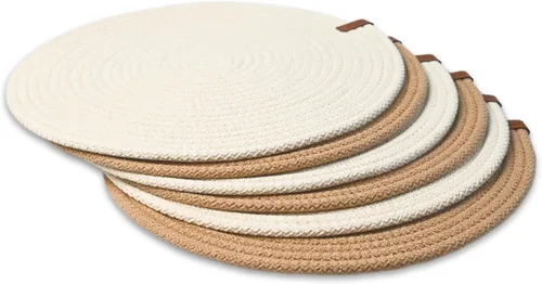 Vista 7 de Juego de 4 manteles individuales redondos, hechos a mano con cordón de algodón trenzado para cocina y mesa de comedor, diámetro de 12.6 pulgadas