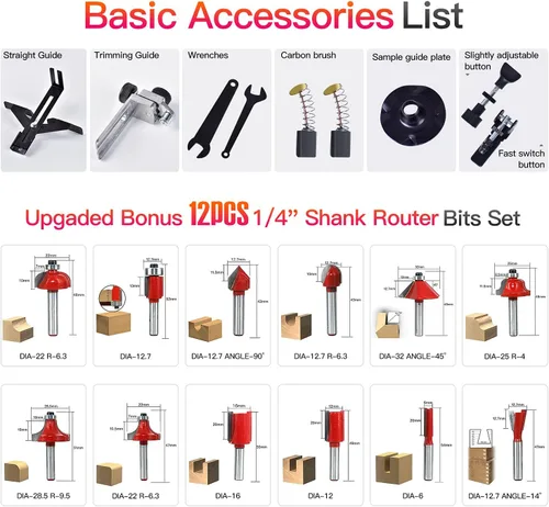 Vista 7 de Herramienta compacta para enrutador de palma, 800 W, fresadora de madera manual con 12 brocas de 1/4 pulgadas para carpintería