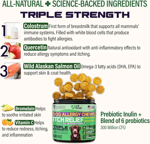 Vista 3 de VET TREAT Masticables para aliviar la alergia para perros, 120 masticables para alergias para perros, alivio de picazón para perros, antipicazón