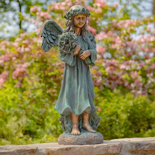 Zaer Ltd. Figuras de estatua de ángel de magnesio de 39 pulgadas de alto para uso en exteriores e interiores (sostiene un ramo de flores, sopia,
