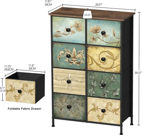 Vista 3 de Tohomeor Cómoda de Almacenamiento Estrecha Cómoda Delgada con Cajones de Tela de Flores Retro Gabinete Vertical Delgado para Espacios Pequeños