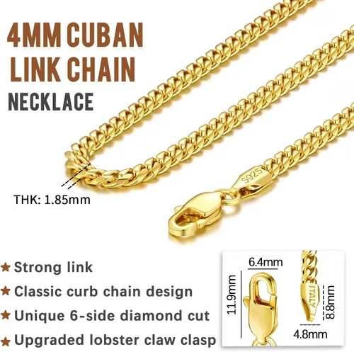 Vista 4 de Fasongo Solid 18K Gold Over 925 Sterling Silver Italian 4mm Cuban Link Chain Necklace for Men Boys Women, Sturdy & Comfortable & Shiny Hip-Hop &