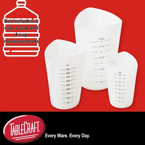 Vista 2 de Tablecraft Vasos medidores flexibles, silicona, juego de 3, incluye: 1, 2 y 4 tazas, color blanco