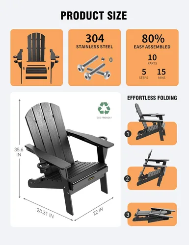Vista 3 de Silla Adirondack Plegable, Sillas Adirondack de Plástico con Textura de Madera con 2 Portavasos, Silla para Hoguera de HDPE Resistente a