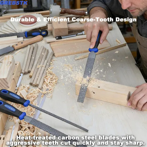 Vista 4 de GREBSTK Juego de limas de madera de 12 pulgadas con agarre de goma, raspador de corte de madera, juego de 3 piezas, redondo, medio redondo, raspa