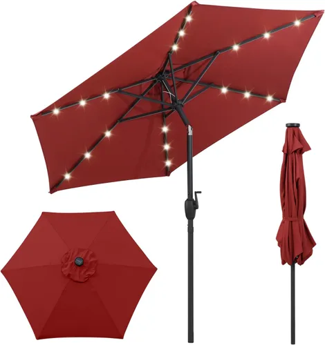 Vista 14 de Tangkula Sombrilla solar de patio de 10 pies, sombrilla de mercado de mesa al aire libre con 24 luces LED, ajuste de inclinación, mango de manivela