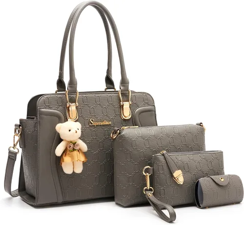 Vista 21 de Bolsos de mano de moda para mujer, bolsas tote, bolsas de hombro, bolsa con asa superior, cartera tipo satchel, juego de 4 piezas A-Negro