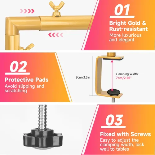 Vista 6 de Soporte de Barra Sobre la Mesa con Abrazaderas Ajustable 47"-98" de Longitud 30"-43" de Altura Soporte de Arco de Mesa Dorado Colgante