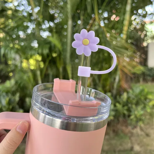Vista 9 de 7 piezas de cubiertas de pajita de silicona con tapa compatible con tazas Stanley de 30 y 40 oz, lindas topper de pajita de 10 mm con flores