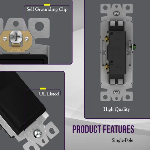 Vista 4 de ENERLITES - Interruptor de palanca decorativo de encendido/apagado con placas de pared, unipolar, 3 cables, tornillo de conexión a tierra, grado