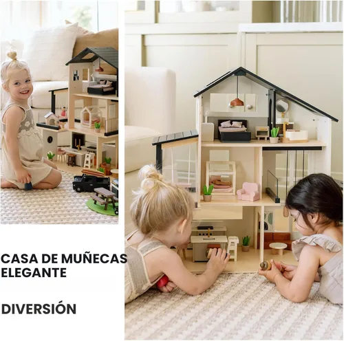 Vista 4 de Tiny Land Casa de muñecas, casa de muñecas familiar moderna con diseño realista, casa de muñecas de madera con muebles de 53 piezas, regalo ideal