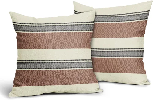 Vista 2 de Juego de 2 fundas de almohada a rayas negras y marrones de 16 x 16 pulgadas, diseño de rayas bohemias con estampado de rayas color crema, fundas
