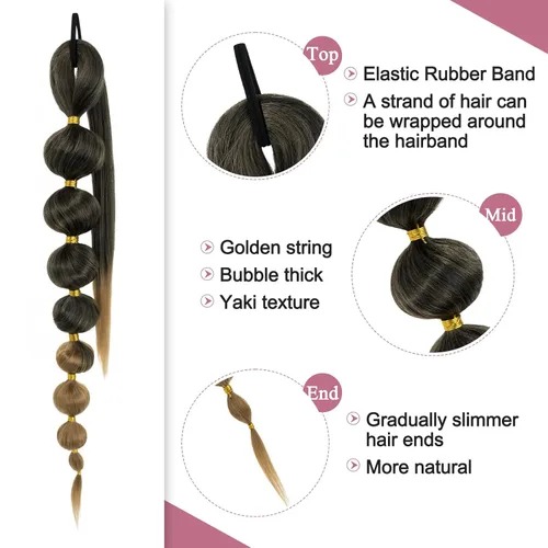 Vista 3 de Benehair Extensión de cola de caballo larga de burbujas para mujer, cola de caballo afro negra, trenzada, con banda para el cabello, extensiones