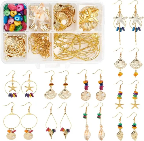 SUNNYCLUE 1 caja de bricolaje para hacer 10 pares de aretes de concha de estrella de mar, kit de fabricación de colgantes de aleación de vieiras,