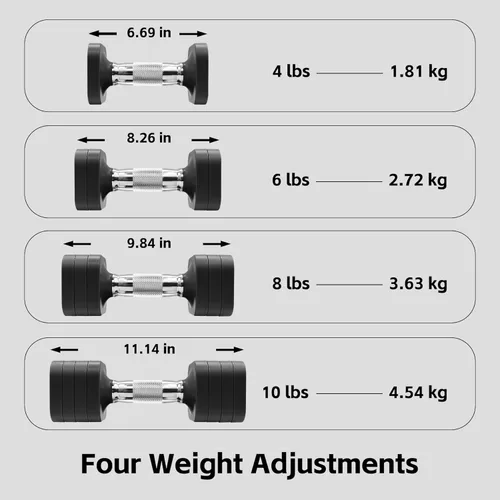 Vista 5 de Juego de mancuernas ajustables de 20 libras, juego de mancuernas de pesas libres 4 en 1 para, 4lb 6lb 8lb 10lb, con mango antideslizante de metal