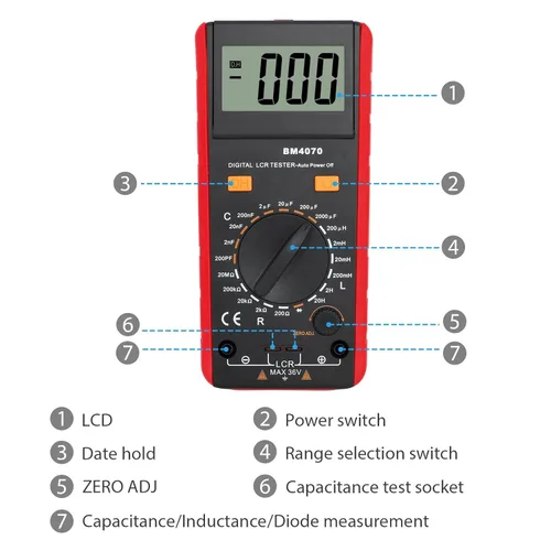 Vista 4 de CAMWAY LCR Medidor LCD Capacitancia Inductancia Probador Medidor de medición Autodescarga pF nF μF con pantalla de sobrerango