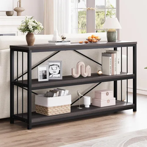 Vista 3 de LVB Mesa consola industrial, mesa de sofá de metal y madera, mesa de entrada rústica con almacenamiento, moderno estante de 3 niveles mesa larga