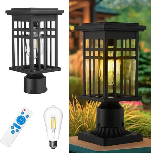 Vista 9 de Lámpara de poste para exteriores, HWH Lámpara de poste de pilar exterior en acabado negro mate con pantalla de vidrio transparente, 5HD37P BK