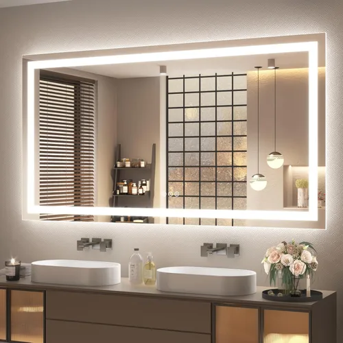 Vista 27 de Espejo de baño LED iluminado de 30 x 30 pulgadas para pared, espejo cuadrado de tocador con luces, regulable, antivaho, a prueba de roturas