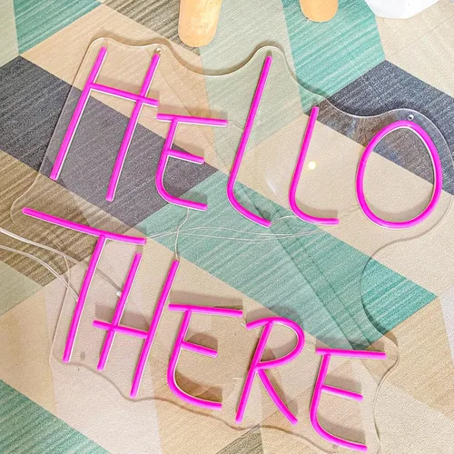 Vista 6 de Letrero de neón con texto en inglés Hello There, luces LED de neón de bienvenida para decoración de pared, regulables, Hell Here, para tienda