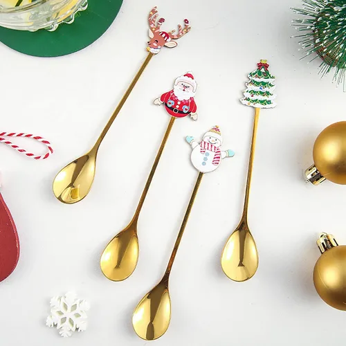 Vista 5 de 4 cucharas de café de Navidad, cuchara agitadora de acero inoxidable para decoración de vajilla de Navidad, Papá Noel, alce, muñeco de nieve