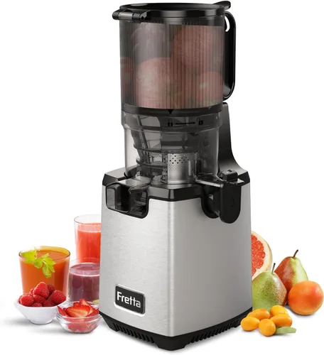 Fretta Exprimidor de prensa en frío, exprimidor de masticación lenta con canal de alimentación grande de 5.3 pulgadas para frutas y verduras