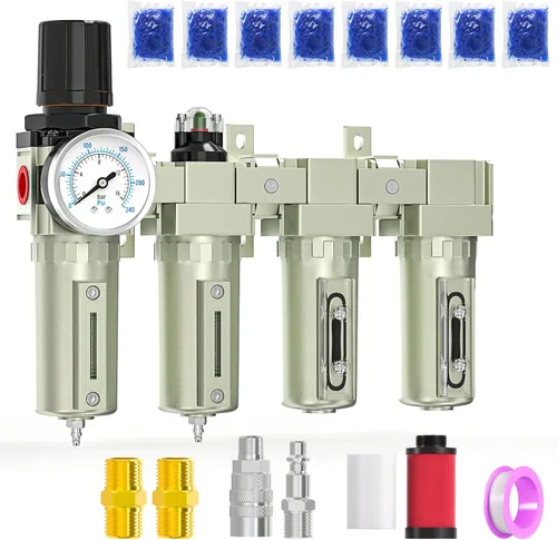 Vista 8 de 1/2" NPT Sistema de secado de aire de tres etapas de grado industrial resistente, drenaje automático, filtro coalescente, filtro de partículas