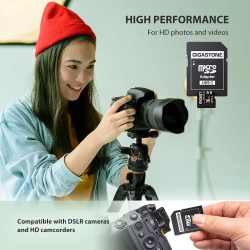 Vista 3 de Gigastone Tarjeta Micro SD de 16 GB, video HD completo, cámara de seguridad de vigilancia cámara de acción drone, 85MB/s Micro SDHC UHS-I U1 C10