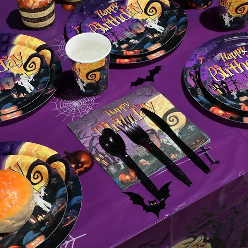 Vista 5 de Juego de vajilla de suministros para fiesta de Halloween, incluye platos de papel desechables de Halloween, cumpleaños, servilletas, vasos, mantel