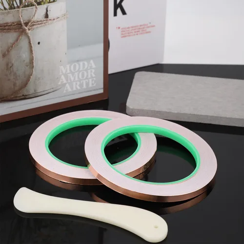 Vista 3 de 2 rollos de cinta de lámina de cobre, cinta adhesiva de lámina de cobre de 1/5 pulgadas de ancho para vidrieras de doble cara con raspador