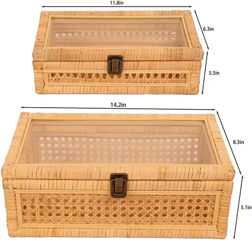 Vista 3 de Caja decorativa de ratán extra grande con tapa, pantalla de vidrio, marco de madera, tamaño grande y rectangular, juego de 2 cajas decorativas