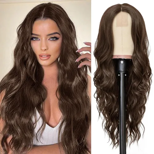 Vista 9 de NAYOO Pelucas marrones con flequillo para mujer, pelucas de cabello largo y ondulado, resistentes al calor, pelucas de fibra sintética para uso