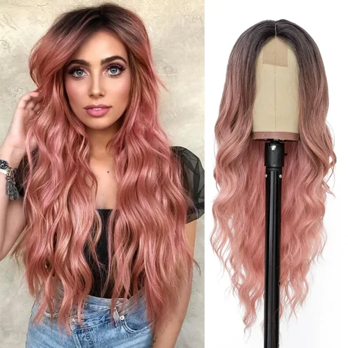 Vista 39 de NAYOO Pelucas marrones con flequillo para mujer, pelucas de cabello largo y ondulado, resistentes al calor, pelucas de fibra sintética para uso