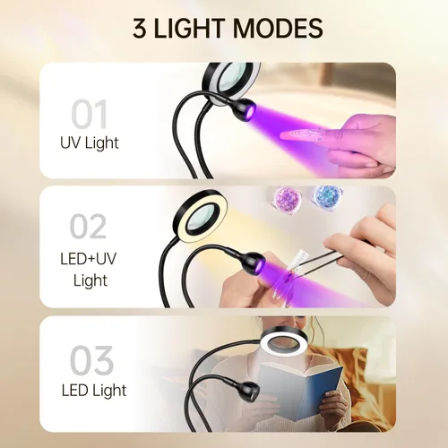 Vista 3 de AORAEM Lámpara LED UV para uñas: lámpara U V de cuello de cisne de doble cabeza para uñas de gel, luz LED de curación flash con 6 lupas para el Negro