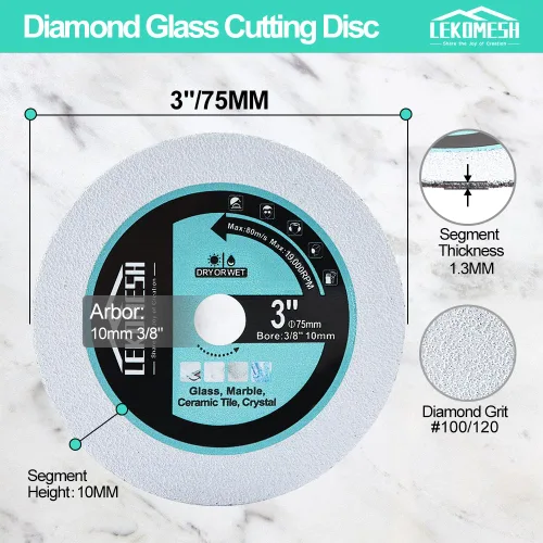 Vista 2 de Disco de corte de vidrio de diamante, 3 piezas de hoja de sierra de rueda de corte de 3 pulgadas/2.953 in con eje de 3/8 pulgadas (0.394 in)
