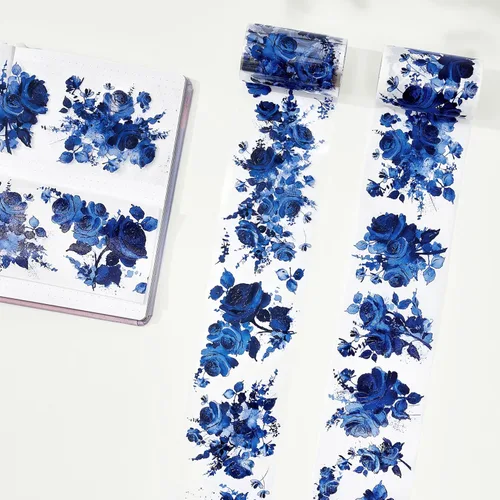 Vista 2 de WT Cinta ancha de PET azul cobalto, rollo individual, diseños originales, decoraciones florales, adhesivo transparente claro, diario basura