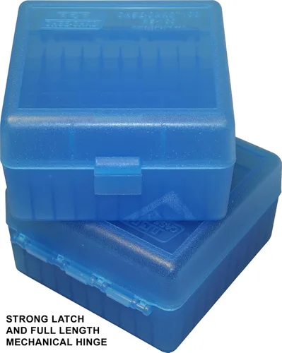 Vista 3 de MTM, caja para 100 municiones de fusil 17, 204, 223, 5.56 x 45, 6 x 47, Azul Claro