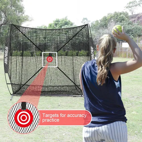 Vista 2 de Red de práctica de 6'X6' para béisbol y sóftbol, red de lanzamiento, red de bateo, con bate de práctica, bateador falso, objetivo de zona de strike