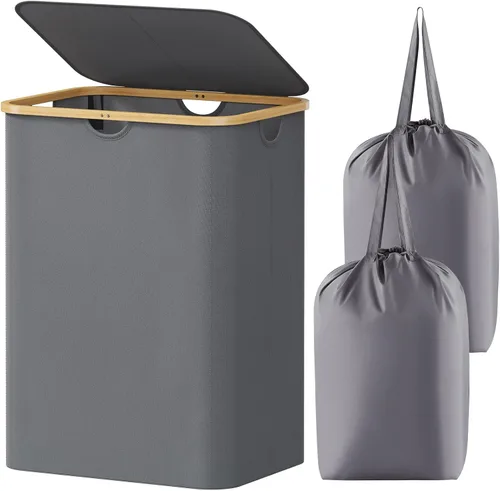 Vista 18 de Lifewit - Canasta de lavandería de 100L con tapa, cestas de ropa para la lavandería con asas de bambú y una bolsa de lavandería extraíble, cesto
