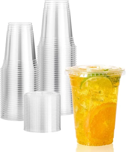 Vista 10 de Vplus Paquete de 200 vasos de plástico transparente PET de 12 onzas con tapas, vasos de plástico desechables en frío de 12 onzas con tapas planas