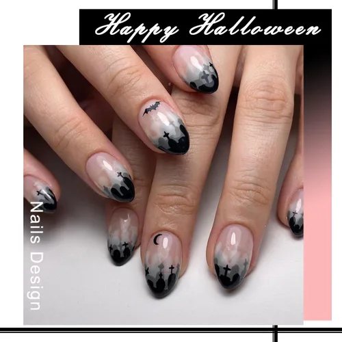 Vista 6 de Uñas postizas a presión para Halloween, color negro, uñas postizas a presión, color negro, almendra, cobertura completa, pegamento de uñas postizas