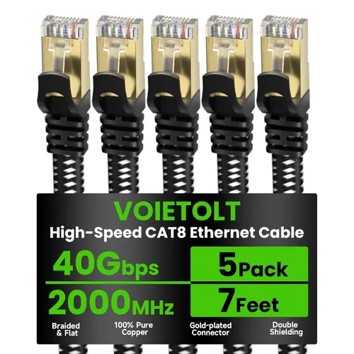Vista 22 de Cable Ethernet Cat 8 de 1 pie plano, cable de Internet trenzado de alta velocidad de 40 Gbps 2000 MHz con RJ45 chapado en oro SSTP, cable LAN