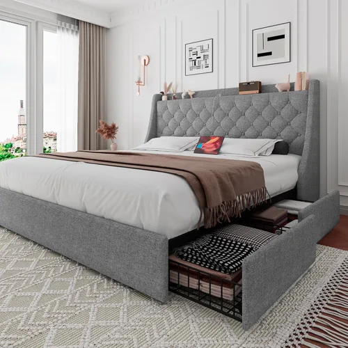Vista 9 de iPormis Base de cama Queen con 4 cajones de almacenamiento, marco de cama tapizado con puertos tipo C y USB, cabecera de almacenamiento con respaldo