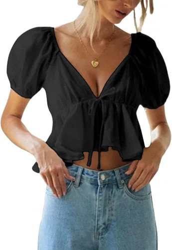Vista 3 de Remidoo Blusa corta de manga corta abombada con cuello en V y dobladillo con volantes para mujer