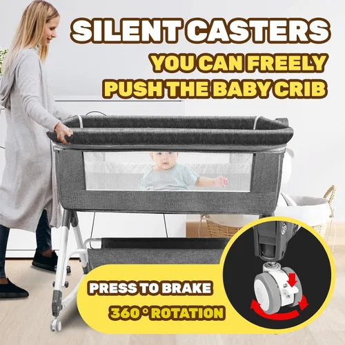 Vista 4 de AOBOTE Cuna para bebé, cuna plegable con mosquitera y rueda silenciosa Wanxiang, altura ajustable, cuna para dormir al lado de la cama (AB010011-1)