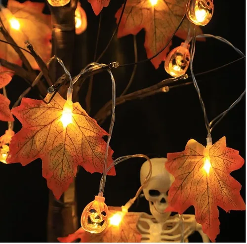 Vista 3 de Simulación LED de hoja de arce, cadena de luces de calabaza para Navidad, Halloween, habitación, patio, cadena de luz de color 24V enchufable 300