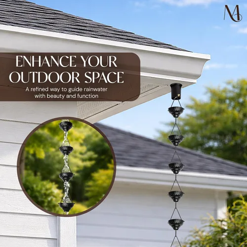 Vista 2 de Monarch Rain Chains - Cadena de lluvia de aluminio con diseño de taza martillada oriental, de 2.6 m de longitud, recubierto de polvo negro, cadena