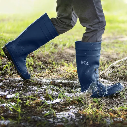 Vista 4 de HISEA Botas de lluvia con punta de acero para hombre, botas de goma de PVC, botas de trabajo impermeables para pesca en jardín, botas de trabajo al