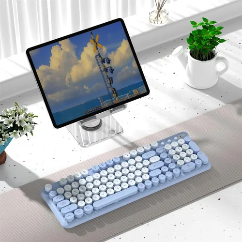 Vista 2 de Teclado Bluetooth inalámbrico – Teclado inalámbrico de tamaño completo estilo máquina de escribir redondo retro con 2.4 GHz y compatibilidad